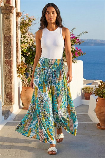 Blue Paisley Elastic Waist  Palazzo Trousers