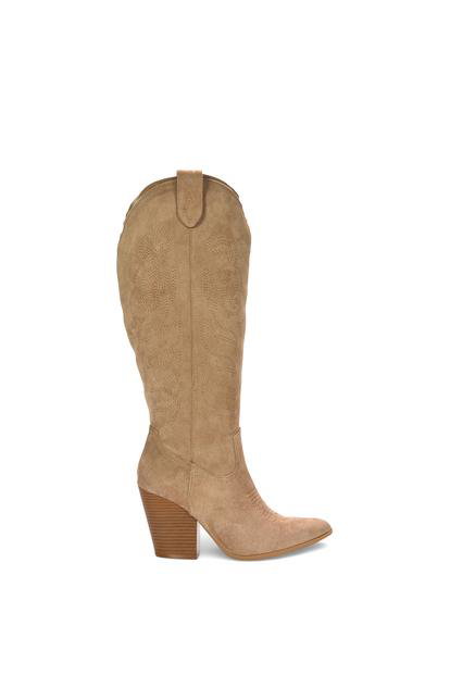 Cream 'Calista' Knee High Western Cowboy Boots With Cuban Heel