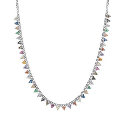Metallic Colourful Rainbow Jewelled Triangle Sterling Silver Station Necklace