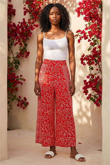 Red Floral Border Panel Culotte Trousers