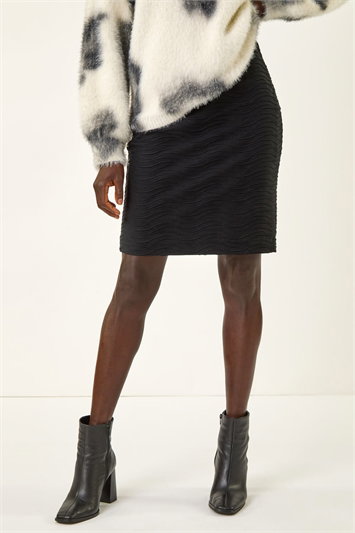 Black Wave Textured Stretch Pencil Skirt