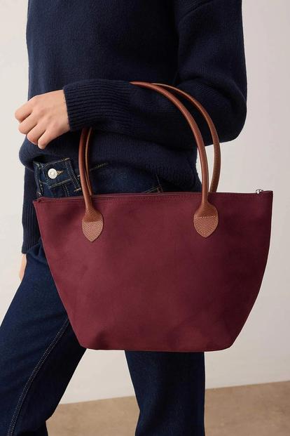 Purple Women's Nylon Zip Top Tote Bag With Contrast Leather-Look Handles