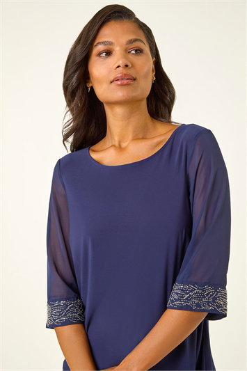 Blue Embellished Cuff Chiffon Top