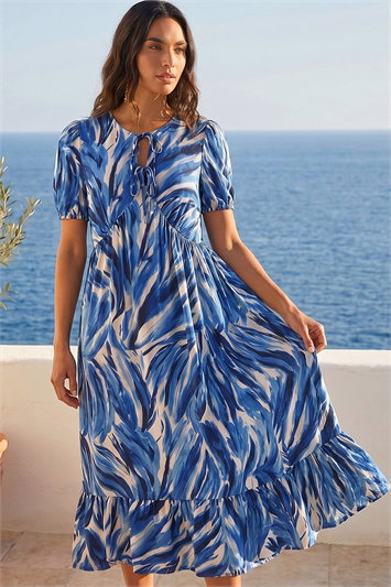 Blue Abstract Print Tie Front Smock Dress