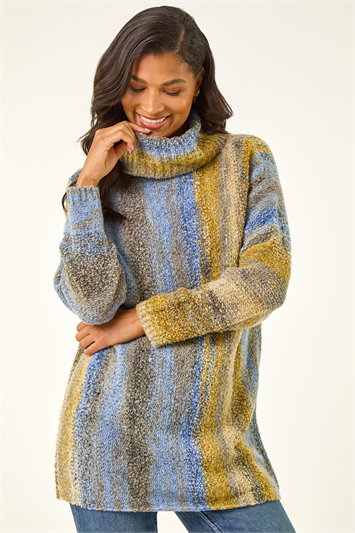 Blue Boucle Stripe Cowl Neck Jumper