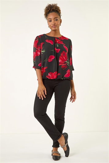 Red Floral Shoulder Bow Pleated Top