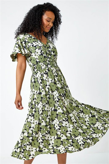 Petite Floral Print Shirred Midi Dress 14369934