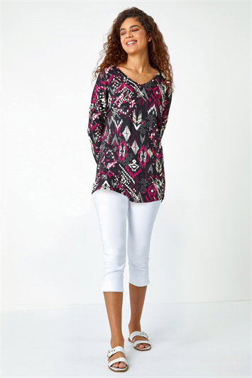 Aztec Print V-Neck Stretch Tunic Top 19265911