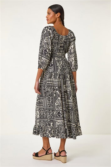 Abstract Print Shirred Midi Dress 14663308