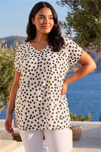 White Curve Spot Print Cocoon Stretch Top