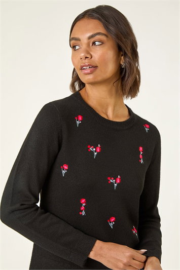 Black Floral Embroidered Knit Jumper