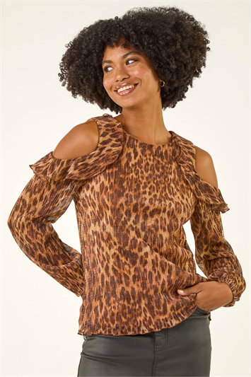 Brown Animal Print Plisse Ruffle Top