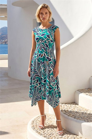 Green Leaf Print Hanky Hem Maxi Dress