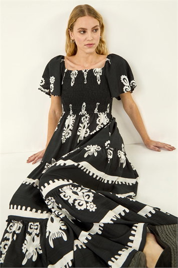 Black Border Print Shirred Maxi Dress