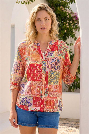 Red Foil Spot Patchwork Print Top
