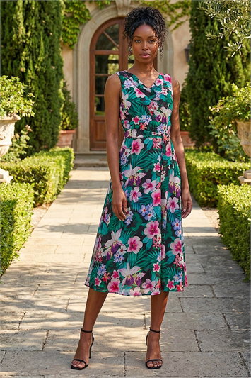 Blue Floral Print Chiffon Cowl Neck Dress
