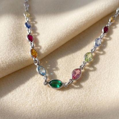 Multi Colourful Multi Gemstone Sterling Silver Chain Necklace