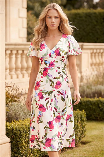 White Petite Floral V-Neck Midi Dress