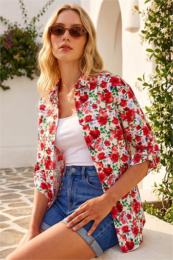 Red Floral Collared Tab Sleeve Shirt