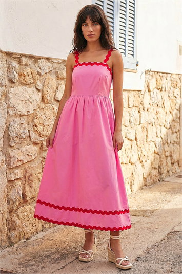 Pink Contrast Ric Rac Midi Dress