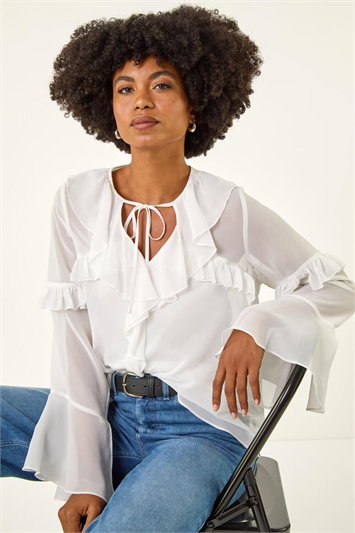 White Chiffon Tie Neck Ruffle Tunic Top