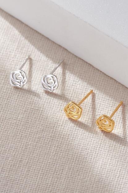 Metallic Roses Floral Sterling Silver Stud Earrings