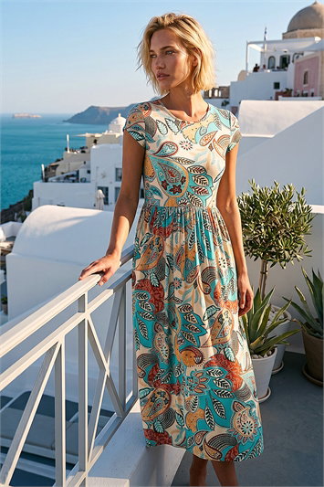 Paisley Print Short Sleeve Midi Dress 14718145