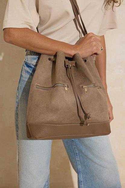 Cream Women's Faux Suede Drawstring Bucket Bag With Zip Detail