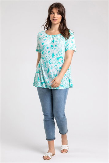 Curve Leaf Print Swing Tunic Top 19179839