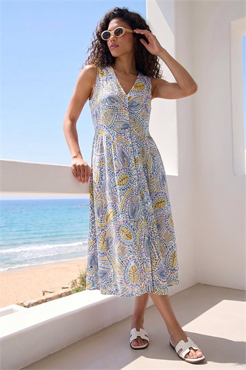 Blue Petite Abstract Print Button Dress