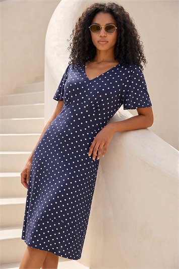 Blue Petite Polka Dot Stretch Jersey Dress