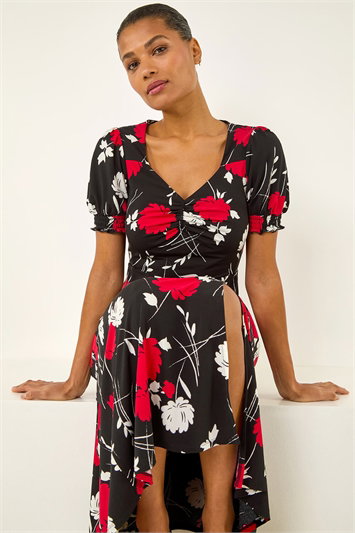 Red Floral Print Ruched Midi Dress
