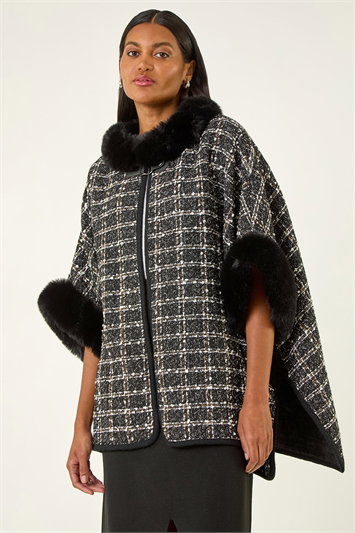 Black Faux Fur Jacquard Knit Poncho