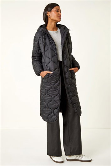 Black Fleece Lined Quilted Hooded Coat