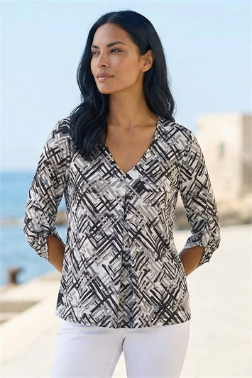 White Geometric Print Pleat Front Top