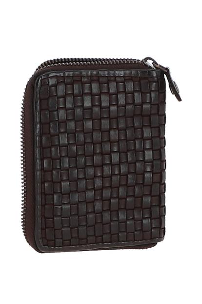 Black Vintage Woven Leather Zip Around Small 6 Card Coin Purse