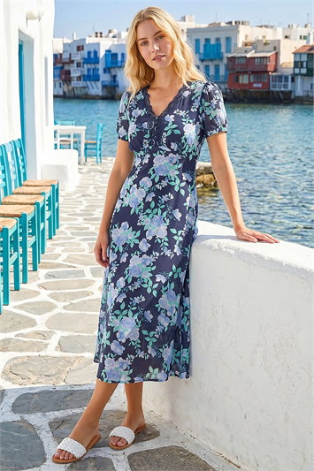 Blue Floral Lace Trim Midi Dress