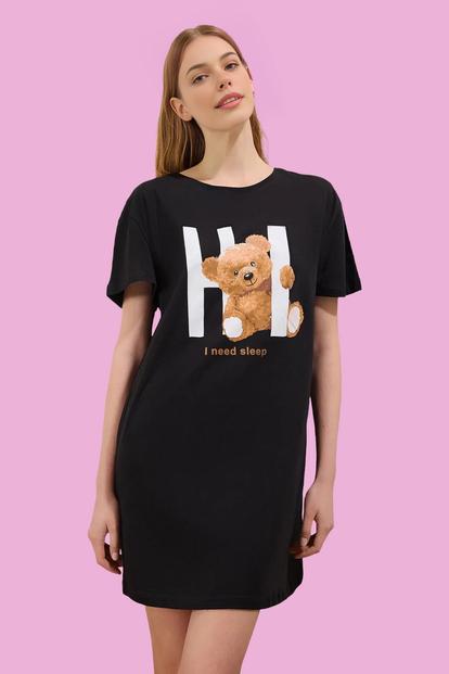 Black Teddy Bear Slogan Print Cotton Short Sleeve Nightdress