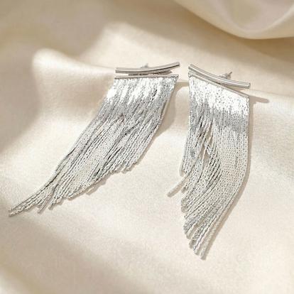 Metallic Statement Silver Waterfall Party Tassel Earrings