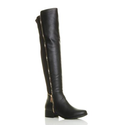 Black Elastic Gold Zip Over The Knee Boots