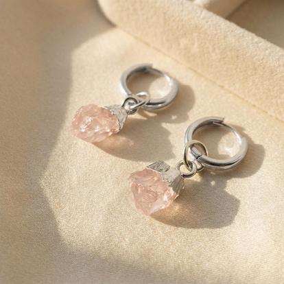 Metallic Raw Rose Quartz Sterling Silver Round Huggies