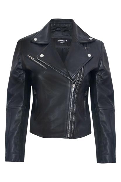 Black Womens Leather Retro Biker Jacket-Madely