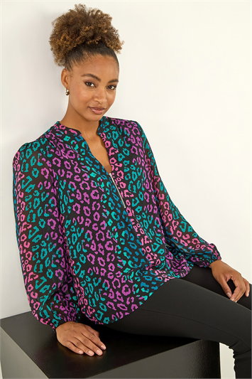 Blue Animal Print Zip Front Top