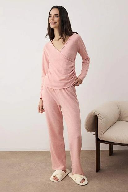 Red Wrap Front Soft Touch Knitted Long Sleeve Pyjama Set