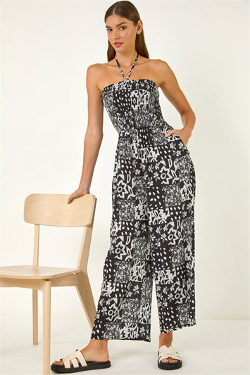 Black Abstract Print Shirred Bandeau Jumpsuit
