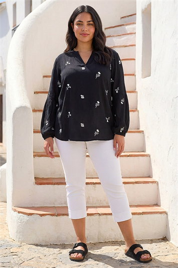 Black Curve Embroidered Woven Top