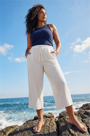 White Curve Linen Blend Cropped Trousers