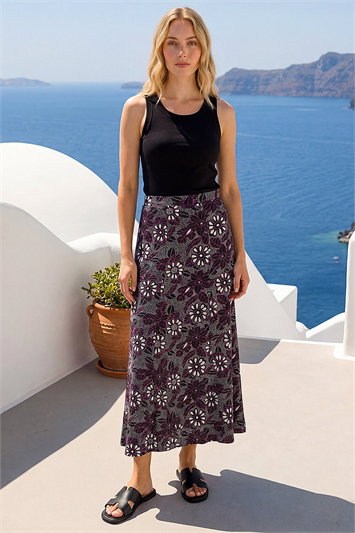 Black Floral Print Midi Skirt