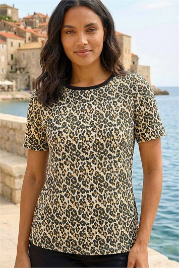 Cream Textured Animal Print Stretch Tee