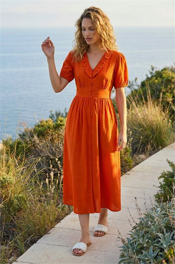 Orange Textured Frill Midi Dress
